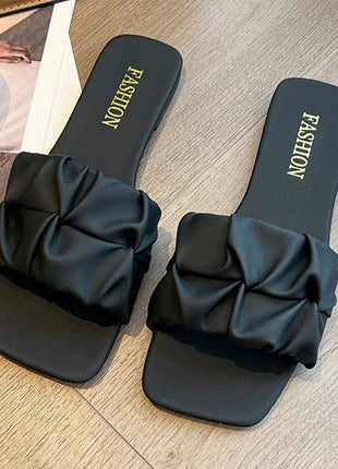 Summer Slippers for Women Flip Flops Flats 2024 New Pleated Korean Slippers Women's Sandals Green Slip On Large Size Shoes 35-42