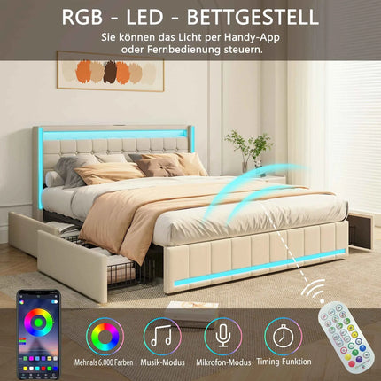 Comanlai 160×200cm Youth Bed, Adult Bed, Upholstered Double Bed, with LED and USB 4 Drawers, Headboard with Storage Space Linen