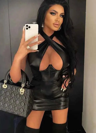 Trendy Streetwear PU Leather Party Dress Donna Sexy Scava Fuori Pacchetto Hip Slim Halter Neck Mini Abiti Hot Girls Abiti Nuovo