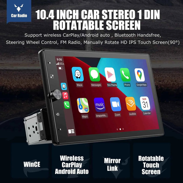 ESSGOO 10.1 Inch Rotatable IPS Touch Screen Single DIN Car Stereo Head Unit Wireless Carplay Android Auto Radio USB AUX TF