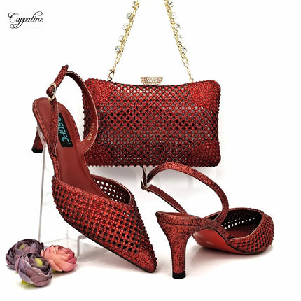 Set di scarpe e borsa verdi da donna, sandali africani di lusso con punta a punta e borsetta, scarpe con tacco da donna, pochette, escarpins femme QSL071