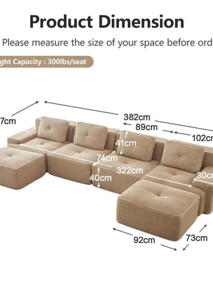 4-Seater Boneless Modular Sofa with U-Shaped Chair Length, Living Room Comfortably Padded Corduroy Cloud Sofa, Non-Slip Design