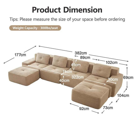 4-Seater Boneless Modular Sofa with U-Shaped Chair Length, Living Room Comfortably Padded Corduroy Cloud Sofa, Non-Slip Design