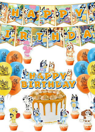 Decorazioni per feste di compleanno a tema Bluey/Bingo, set di piatti di carta usa e getta, striscione, bandierine per torta, palloncini a forma di cane.