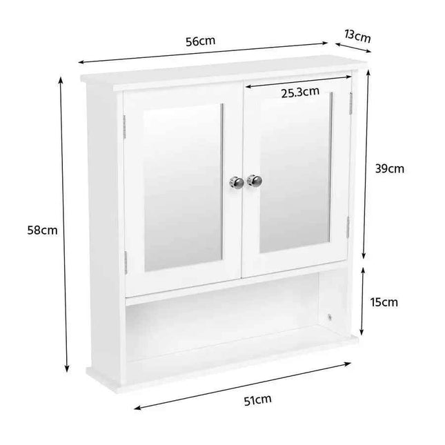 Wall Cabinet with Mirror Shelf Adjustable Height for Bathroom Kitchen, 56 x 13 x 58 cm, White