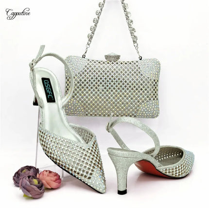 Set di scarpe e borsa verdi da donna, sandali africani di lusso con punta a punta e borsetta, scarpe con tacco da donna, pochette, escarpins femme QSL071