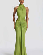 Abito lungo verde oliva con collo alto e scollo all'americana, elegante abito da sera formale con cut-out e schiena scoperta, abito da ballo