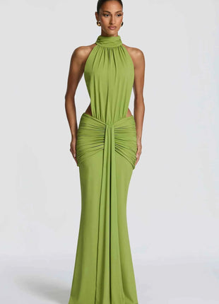 Abito lungo verde oliva con collo alto e scollo all'americana, elegante abito da sera formale con cut-out e schiena scoperta, abito da ballo
