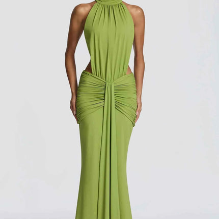 Abito lungo verde oliva con collo alto e scollo all'americana, elegante abito da sera formale con cut-out e schiena scoperta, abito da ballo