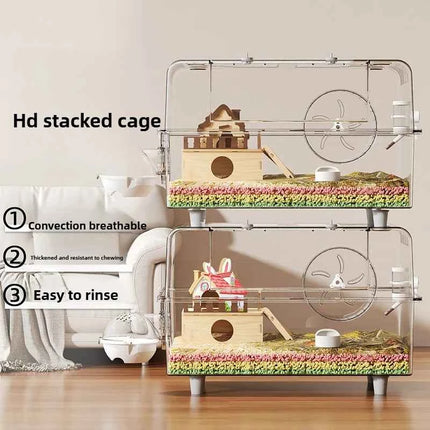 ‌Premium Hamster Cage, Thickened Acrylic Gerbil Mansion, Chew-Proof Luxury Habitat with Large Space, Ventilated Small Pet Home