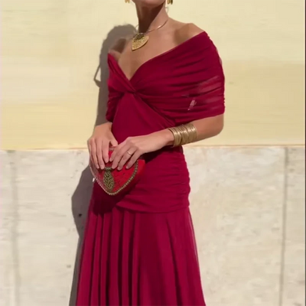 Abbigliamento donna elegante Abito plissettato a vita alta con stampa floreale Boho Nuovo abito a trapezio da cocktail con maniche a pipistrello a petto basso