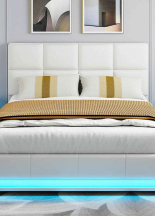 Rosahqnda Hydraulic Double Bed frame 140*190cm with LED Adjustable Headboard Storage bed 140*200cm Cushions bed PU