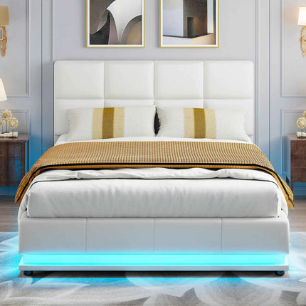 Rosahqnda Hydraulic Double Bed frame 140*190cm with LED Adjustable Headboard Storage bed 140*200cm Cushions bed PU