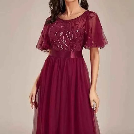 European and American Wine Red Evening Gown with Round Neck Flared Sleeves and Mesh Long Dress for Wedding 2026new Wedding Dress