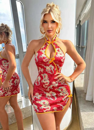 Nuovo vestito da donna drago stampa stile cinese appeso al collo mini abito con spalle scoperte puro desiderio avvolgere l'anca vestito affascinante V1UC