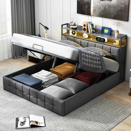Comanlai 160×200cm Youth Bed, Adult Bed, Upholstered Double Bed, with LED and USB 4 Drawers, Headboard with Storage Space Linen