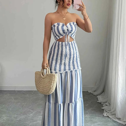 Abito Elegante a Righe con Spalle Scoperte e Gonna Arricciata con Dettaglio Intrecciato Frontale per Donna