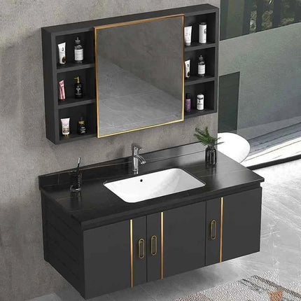 Bathroom Vanity Cabinet Set with Integrated Ceramic Sink Drain Accessories Wall Mounted Aluminum Storage Cabinet Mirror Combo