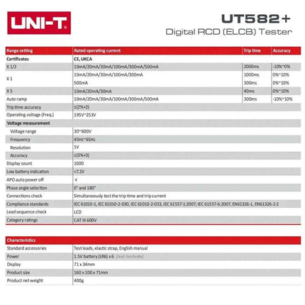 UNI-T UT582+ Digital RCD (ELCB) Tester AUTO RAMP Leakage Circuit Breaker Meter with Mis-Operation Buzzer