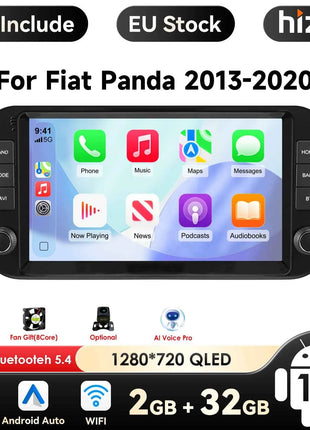 Hizpo 9 Inch 1 Din Wireless Carplay Android Auto Car Radio for Fiat Panda 2013 - 2024 Multimedia Video Player GPS Navigation WIFI Head Unit AI Voice Intelligent Systems Autoradio Stereo QLED Screen Audio FM RDS DVR Camera Map