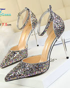 Sandali da Donna con Paillettes 2025, 9.5cm 7.5cm, Fibbia alla Caviglia, Tacco a Spillo per Matrimonio, Nuove Scarpe Classiche con Tacco Alto, Taglie 34-40