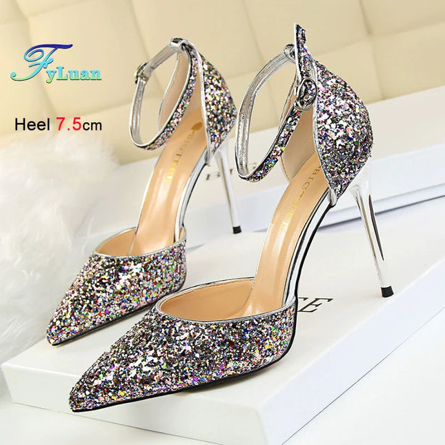 Sandali da Donna con Paillettes 2025, 9.5cm 7.5cm, Fibbia alla Caviglia, Tacco a Spillo per Matrimonio, Nuove Scarpe Classiche con Tacco Alto, Taglie 34-40