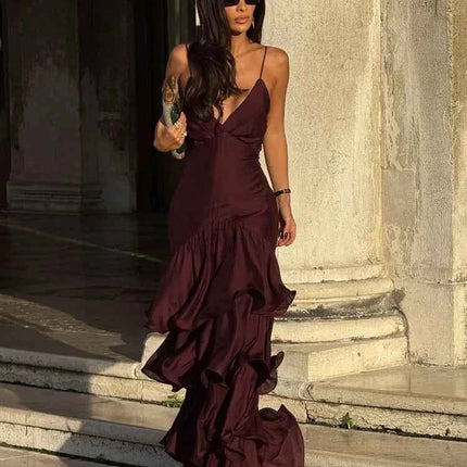 Elegant Solid Ruffled Sling Dress for Women Fashion Sleeveless Backless Party Maxi Dresses 2025 New Female Vacation Robes Street