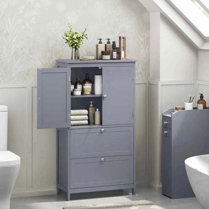 VASAGLE Bathroom Cabinet Kitchen Cabinet with 2 Drawers and 2 Doors, Adjustable Shelf, 30 x 60 x 110 cm, Dove Grey