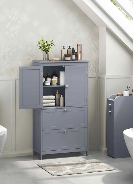 VASAGLE Bathroom Cabinet Kitchen Cabinet with 2 Drawers and 2 Doors, Adjustable Shelf, 30 x 60 x 110 cm, Dove Grey