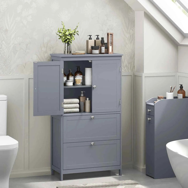 VASAGLE Bathroom Cabinet Kitchen Cabinet with 2 Drawers and 2 Doors, Adjustable Shelf, 30 x 60 x 110 cm, Dove Grey