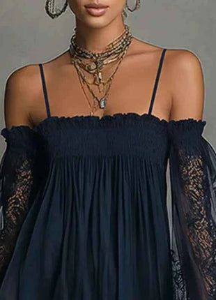 Abito Corto Sexy da Donna con Pizzo e Spalle Scoperte, Maniche Lunghe a Sbuffo, Stile Bohemien, per Primavera/Estate, Ideale per Feste in Spiaggia