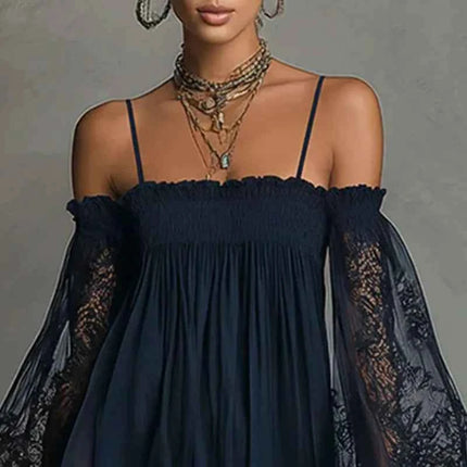 Abito Corto Sexy da Donna con Pizzo e Spalle Scoperte, Maniche Lunghe a Sbuffo, Stile Bohemien, per Primavera/Estate, Ideale per Feste in Spiaggia