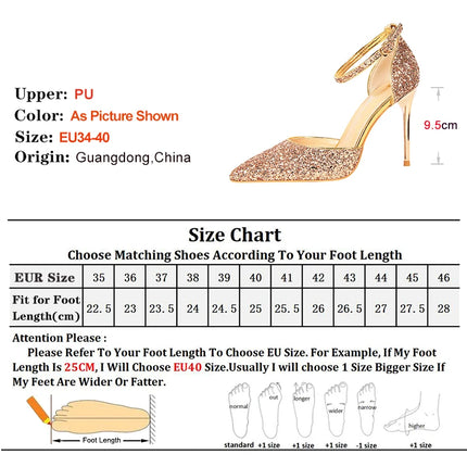 Sandali da Donna con Paillettes 2025, 9.5cm 7.5cm, Fibbia alla Caviglia, Tacco a Spillo per Matrimonio, Nuove Scarpe Classiche con Tacco Alto, Taglie 34-40