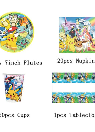 Forniture per decorazioni per feste di compleanno a tema Pokemon Cartoon Pokemon Go Stoviglie Tazze Piatti Palloncino Pikachu per bomboniere per baby shower
