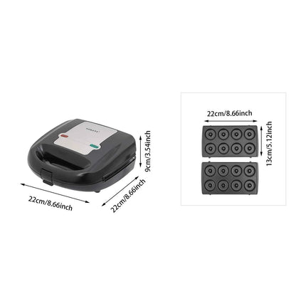 8-in-1 Multifunctional Breakfast Maker, Sandwich Maker, Waffle Maker, Doughnut Maker, with 8 Molds, 750W High Efficiency, Black