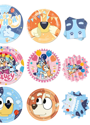 Decorazioni per feste di compleanno a tema Bluey/Bingo, set di piatti di carta usa e getta, striscione, bandierine per torta, palloncini a forma di cane.