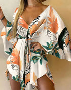 Women's Sexy V-Neck Batwing Sleeve Ruffle Floral Print Bohemian Beach Dress Summer Women's Loose Mini Dresses for Summer Vacation
