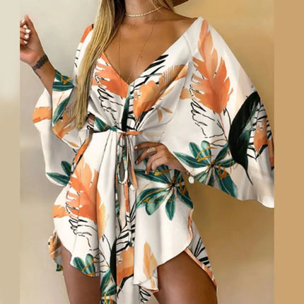 Abito da donna con stampa sexy scollo a V manica a pipistrello con volant fiori stampa Bohemian Beach vestito estivo da donna mini abiti larghi per le vacanze estive