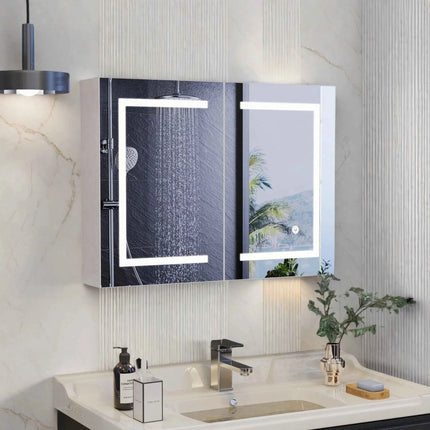 Rosahqnda Bathroom mirror Cabinet with lighting, with LED, HD double door mirror, wall Cabinet, touch sensor switch, White