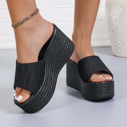 Pantofole con zeppa da donna 2025 Nuovi sandali con plateau da spiaggia estivi Pantofole con tessuto alla moda Pantofole con tacco alto da donna Scivoli da donna