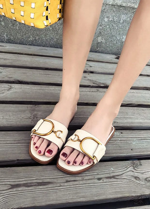 Pantofole piatte da donna estate in pelle punta quadrata donna appartamenti infradito Designer signore diapositive sandali scarpe da donna sandali di lusso