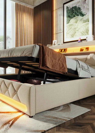 KOMHTOM Double Bed Linen With USB Type C Port 360 Surround LED Function Hydraulic Storage Without Mattress