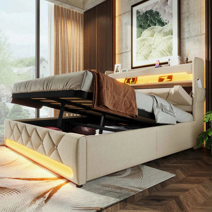 KOMHTOM Double Bed Linen With USB Type C Port 360 Surround LED Function Hydraulic Storage Without Mattress