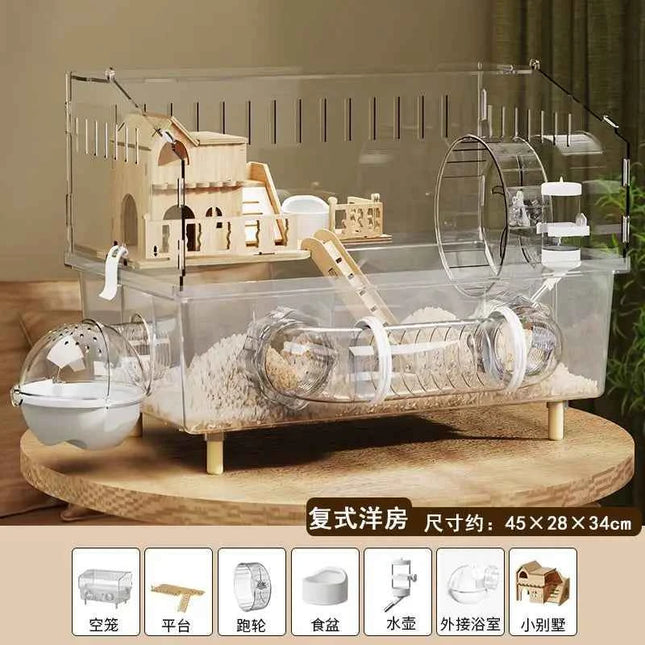 Large Acrylic Clear Hamster Villa Cage for Syrian Gold Teddy Bear Luxury Habitat Stackable DIY Habitat Terrarium