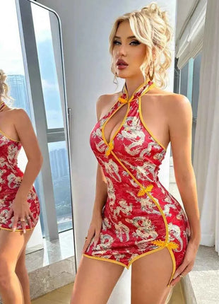 Nuovo vestito da donna drago stampa stile cinese appeso al collo mini abito con spalle scoperte puro desiderio avvolgere l'anca vestito affascinante V1UC