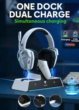 NUBWO G06 Wireless Headsets Gamer with Charging Station for Headset and PS5 Controller Gaming Headphones Long Battery Life
