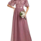 European and American Wine Red Evening Gown with Round Neck Flared Sleeves and Mesh Long Dress for Wedding 2026new Wedding Dress