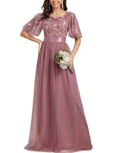 European and American Wine Red Evening Gown with Round Neck Flared Sleeves and Mesh Long Dress for Wedding 2026new Wedding Dress