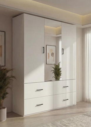 Armadio a 3 ante Fangange con specchio, armadio con luci LED e cassetti, guardaroba in legno con asta appendiabiti