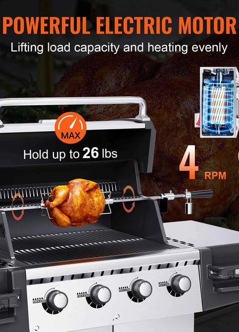 SucceBuy Universal Grill Rotisserie Kit for Grills, Electric BBQ Grill with 9W Motor Stainless Steel Automatic Grilling Kit